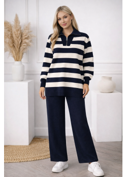 طقم تريكو مقلم 4212  - كحلي