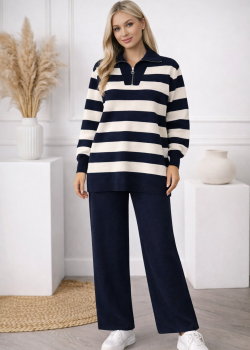 طقم تريكو مقلم 4212  - كحلي