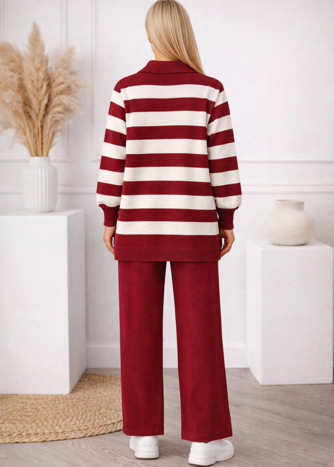 4212 طقم تريكو مخطط سحاب  - خمري