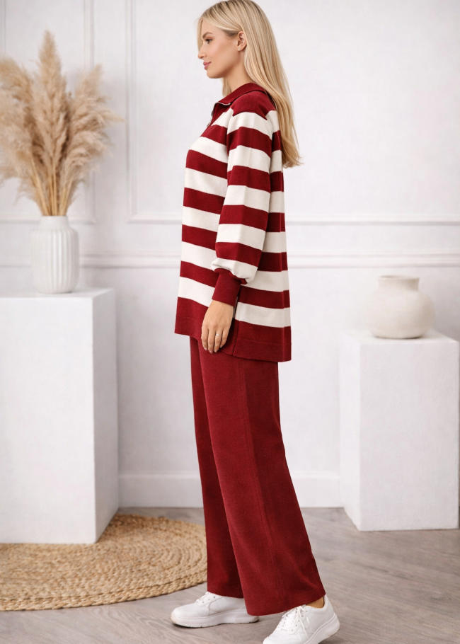 4212 طقم تريكو مخطط سحاب  - خمري