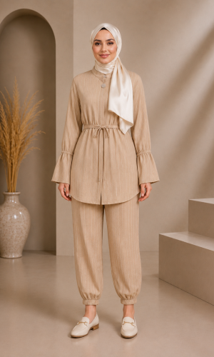 4303 كتان مخطط قصير - Beige