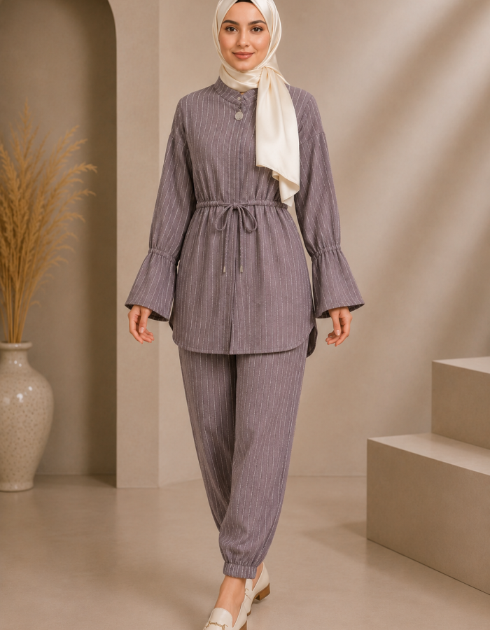 4303 كتان مخطط قصير - deep blue