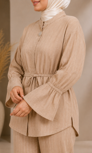 4303 كتان مخطط قصير - Beige