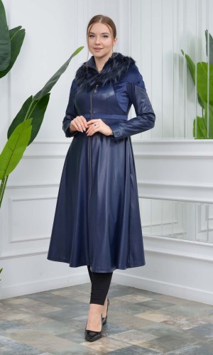 Faux leather womens coat 1310 - deep blue