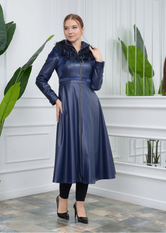 ترانشكوت نسائي جلد قبة فرو قابلة للإزالة 1310 Lacivert