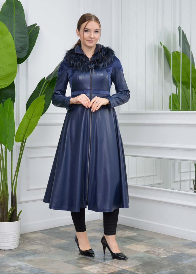 ترانشكوت نسائي جلد قبة فرو قابلة للإزالة 1310 Lacivert