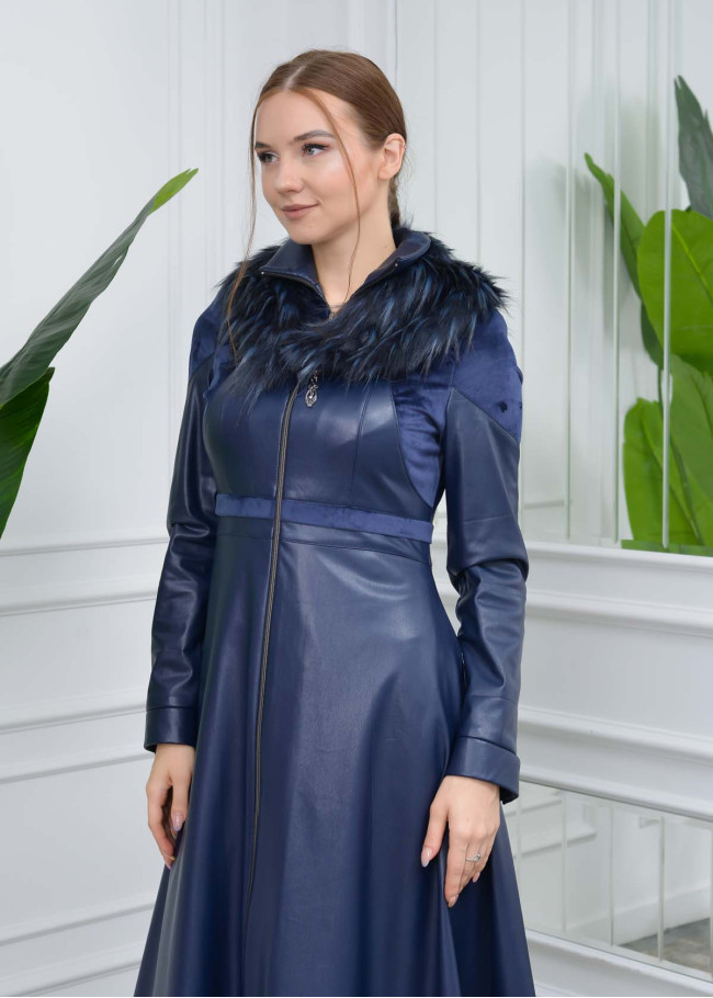 ترانشكوت نسائي جلد قبة فرو قابلة للإزالة 1310 Lacivert