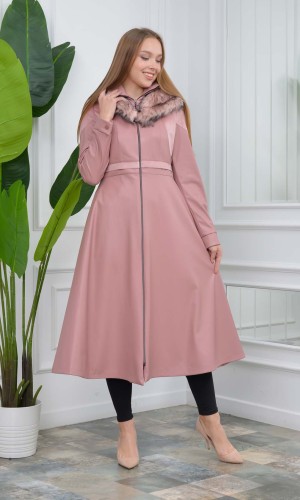 ترانشكوت نسائي جلد قبة فرو قابلة للإزالة 1310 - زهر