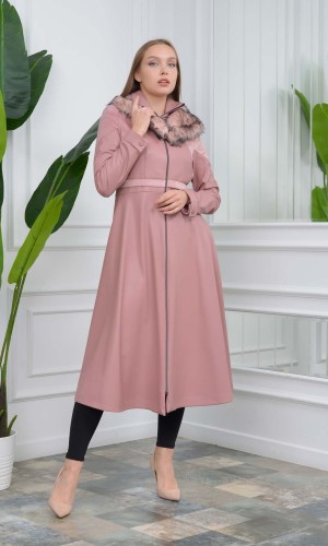 ترانشكوت نسائي جلد قبة فرو قابلة للإزالة 1310 - زهر