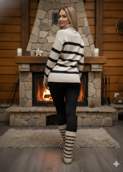 كنزة تريكو نسائية مخططة بقبة عالية 200  - اسود