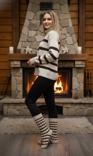 كنزة تريكو نسائية مخططة بقبة عالية 200  - بني