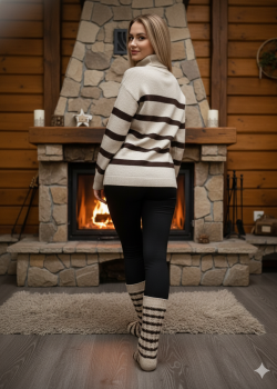 كنزة تريكو نسائية مخططة بقبة عالية 200  - بني