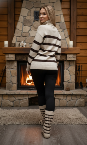 كنزة تريكو نسائية مخططة بقبة عالية 200  - بني