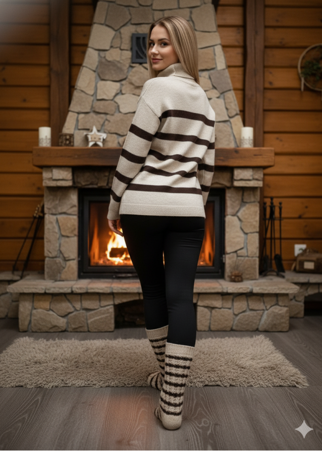 200 بلوزة تريكو مقلم  - بني