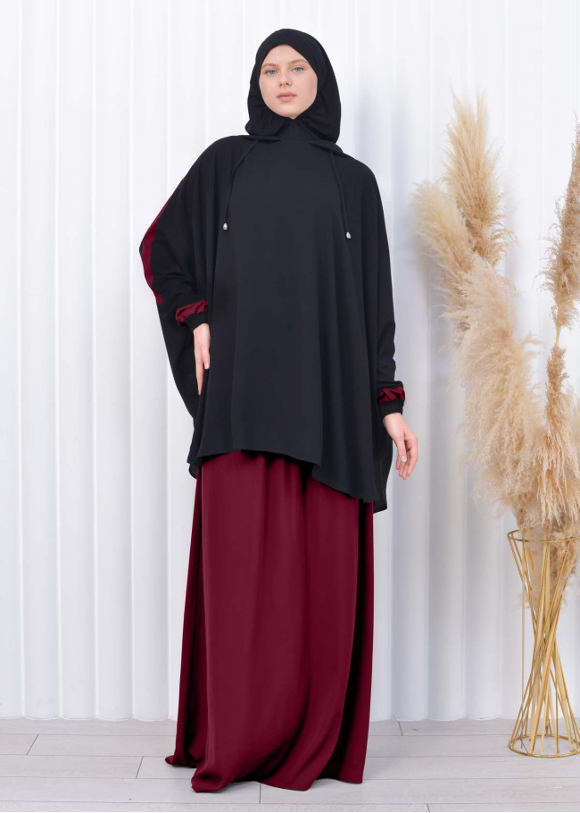 Muslim Hijab Dresse Set 4 Pieces Sheet Set Hooded Veiled 2-color Elastic Skirt Striped Sleeves Fits All Sizes Bordo