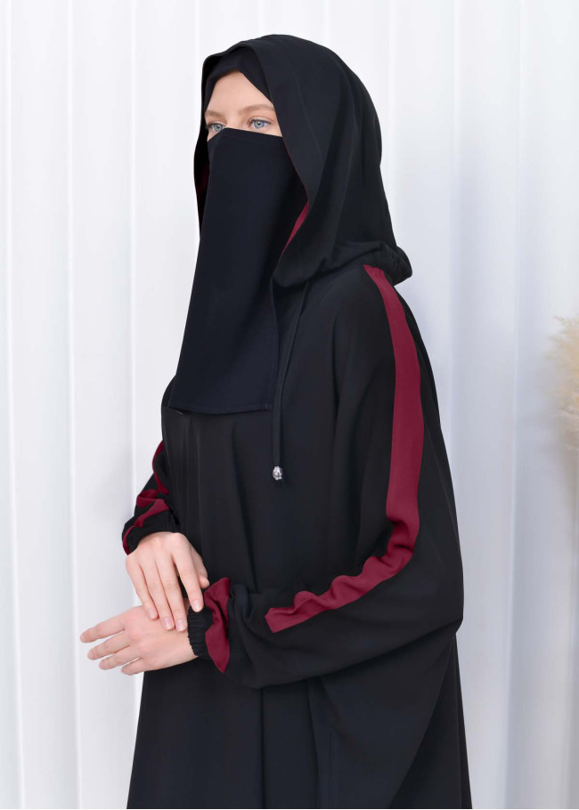 Muslim Hijab Dresse Set 4 Pieces Sheet Set Hooded Veiled 2-color Elastic Skirt Striped Sleeves Fits All Sizes Bordo