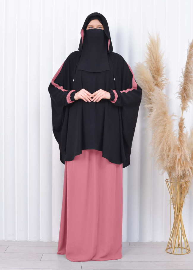 Muslim Hijab Dresse Set 4 Pieces Sheet Set Hooded Veiled 2-color Elastic Skirt Striped Sleeves Fits All Sizes Pembe