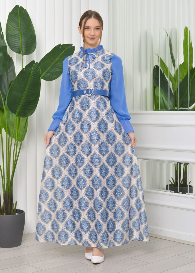 فستان دانتيل للمحجبات مع حزام 4058 Bebe Mavi
