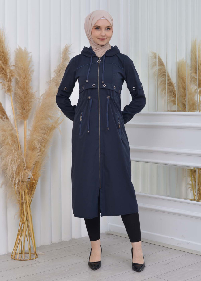 ترانشكوت نسائي قصير حلقات مع كبيشون  1107 Lacivert