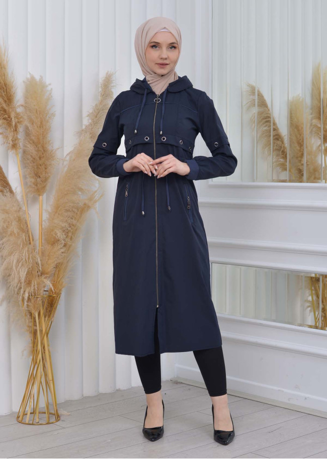 ترانشكوت نسائي قصير حلقات مع كبيشون  1107 Lacivert