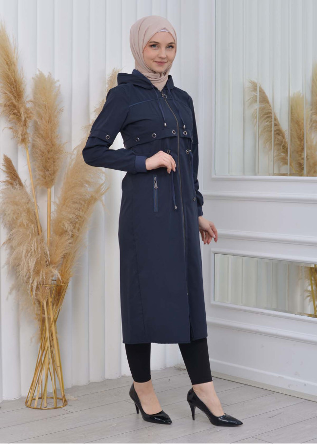 ترانشكوت نسائي قصير حلقات مع كبيشون  1107 Lacivert