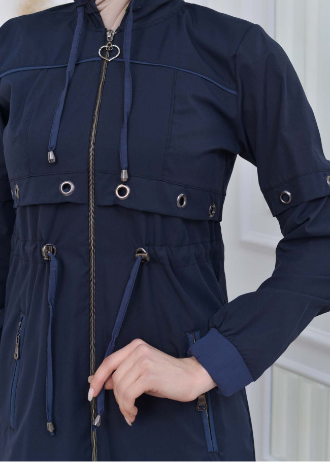 ترانشكوت نسائي قصير حلقات مع كبيشون  1107 Lacivert