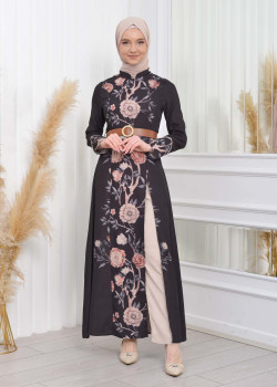 طقم نسائي للمحجبات قطعتين فستان و بنطلون مع حزام 1783 - اسود