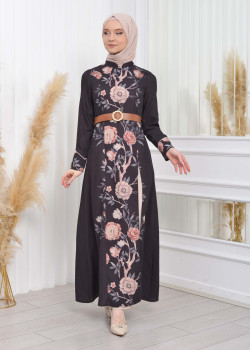 طقم نسائي للمحجبات قطعتين فستان و بنطلون مع حزام 1783 - اسود