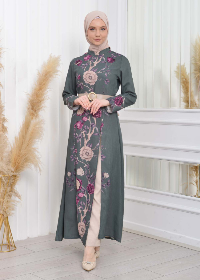 2 Piece Suit Patterned Belt Dress -Pants 1783 Haki