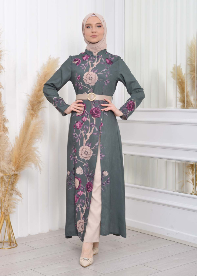 2 Piece Suit Patterned Belt Dress -Pants 1783 Haki
