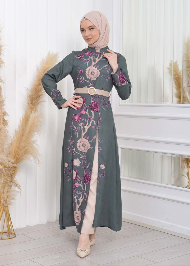 2 Piece Suit Patterned Belt Dress -Pants 1783 Haki