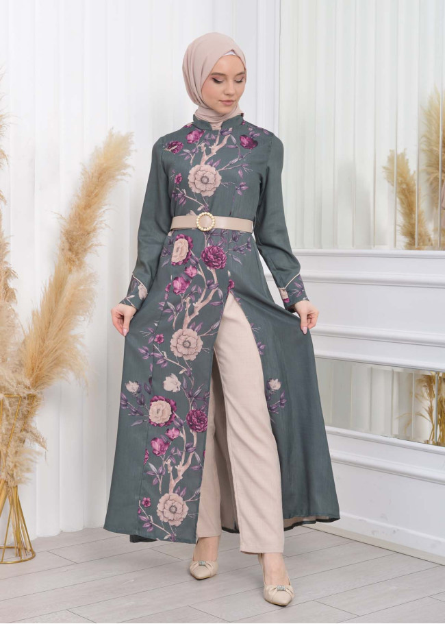 2 Piece Suit Patterned Belt Dress -Pants 1783 Haki