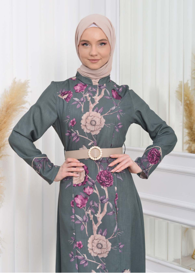 2 Piece Suit Patterned Belt Dress -Pants 1783 Haki