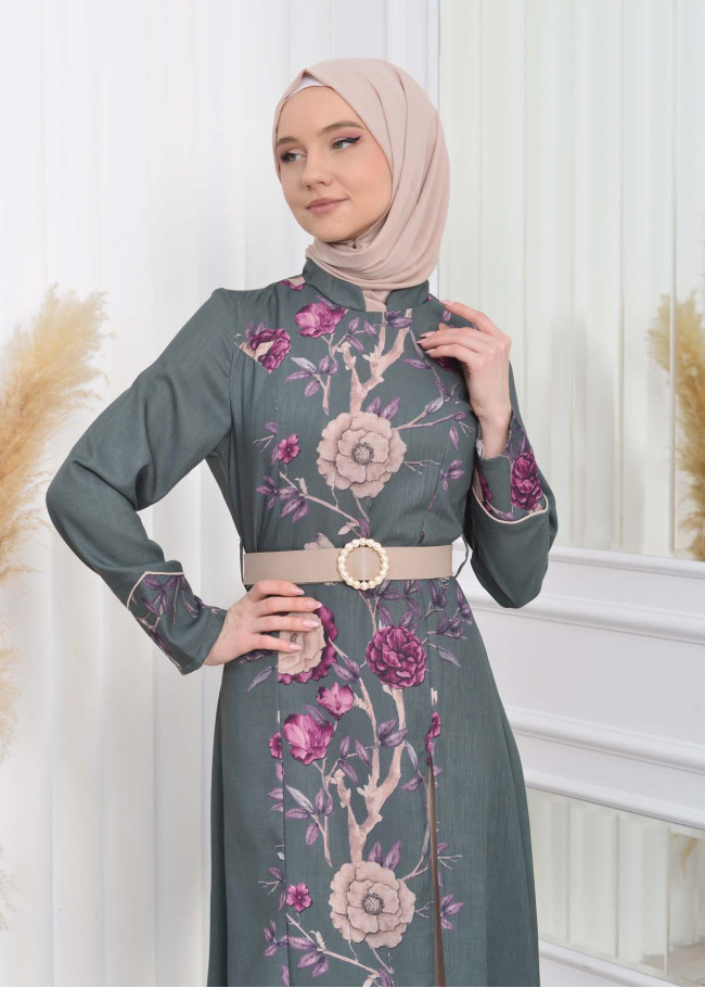 2 Piece Suit Patterned Belt Dress -Pants 1783 Haki