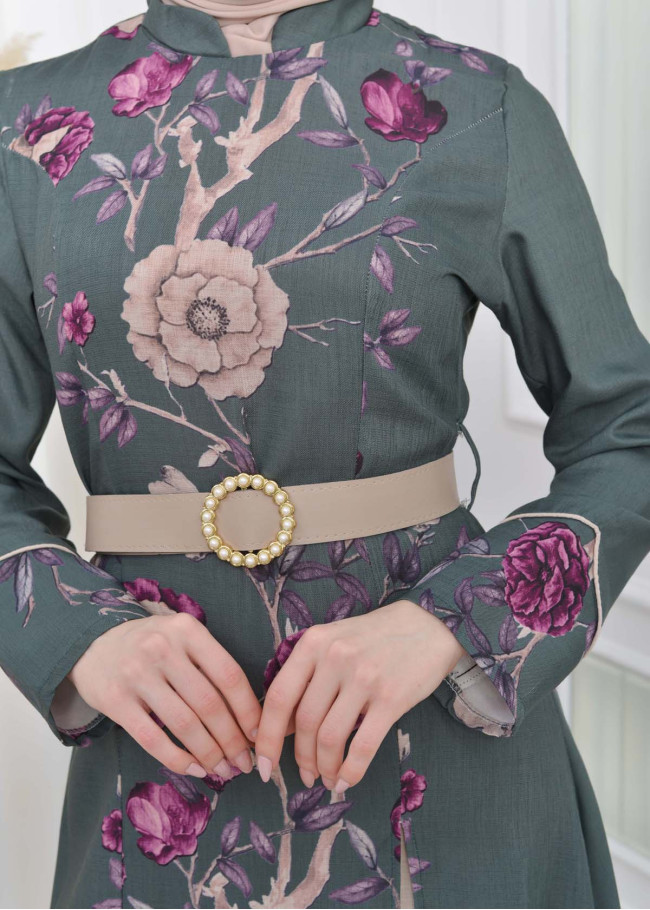 2 Piece Suit Patterned Belt Dress -Pants 1783 Haki