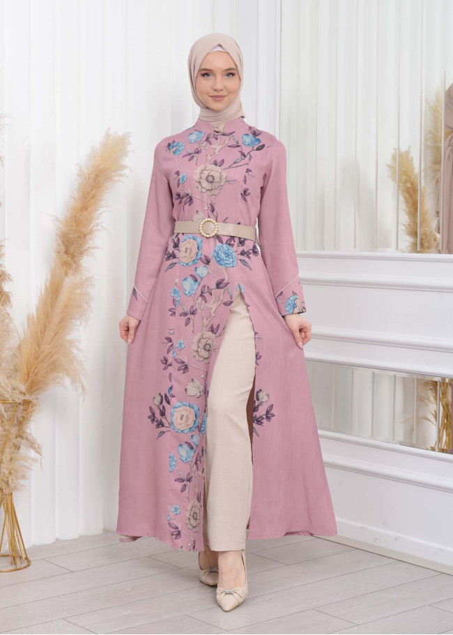 طقم نسائي للمحجبات قطعتين فستان و بنطلون مع حزام 1783 Pembe