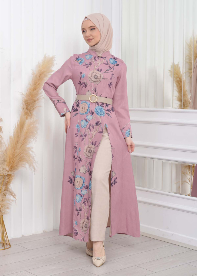 طقم نسائي للمحجبات قطعتين فستان و بنطلون مع حزام 1783 Pembe