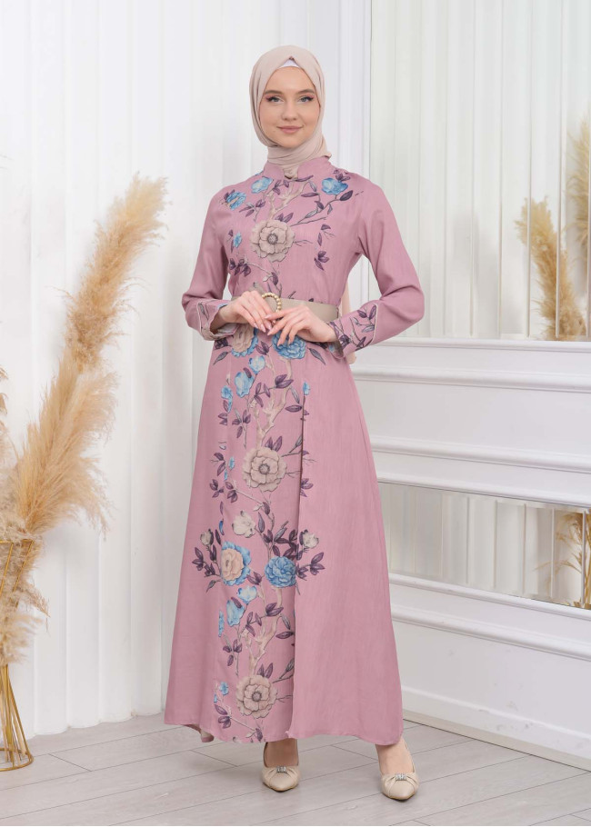 طقم نسائي للمحجبات قطعتين فستان و بنطلون مع حزام 1783 Pembe
