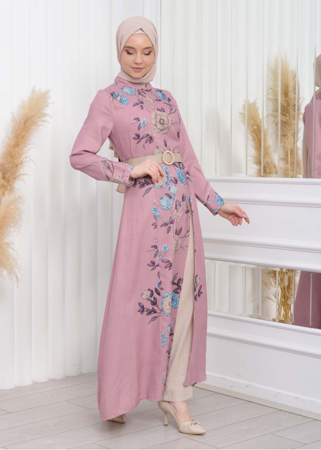 طقم نسائي للمحجبات قطعتين فستان و بنطلون مع حزام 1783 Pembe