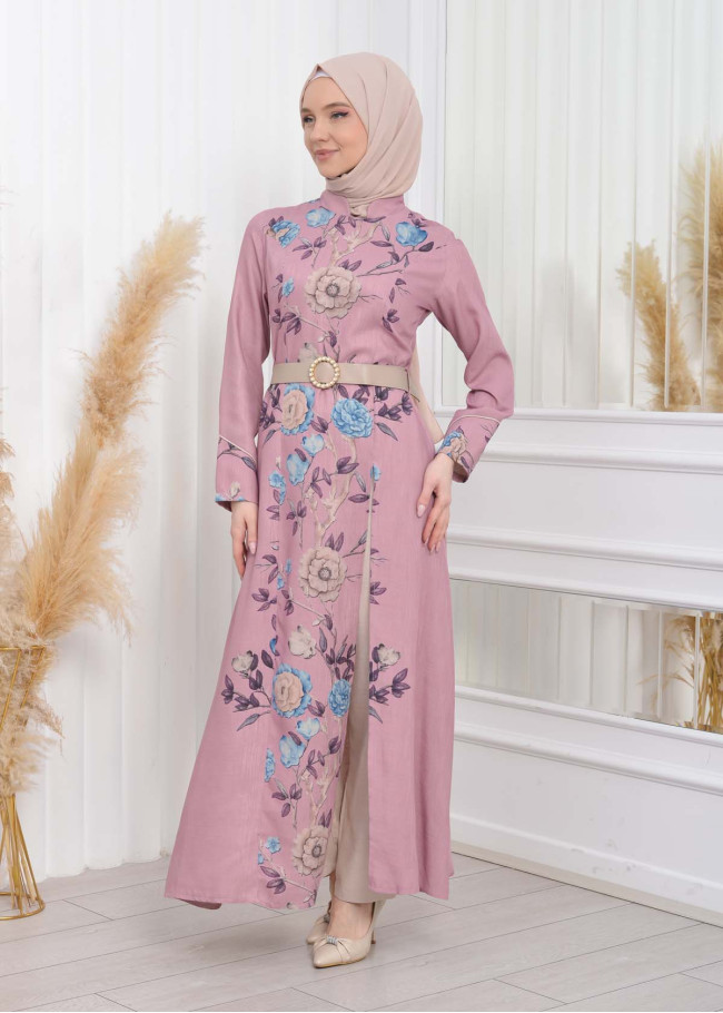 طقم نسائي للمحجبات قطعتين فستان و بنطلون مع حزام 1783 Pembe