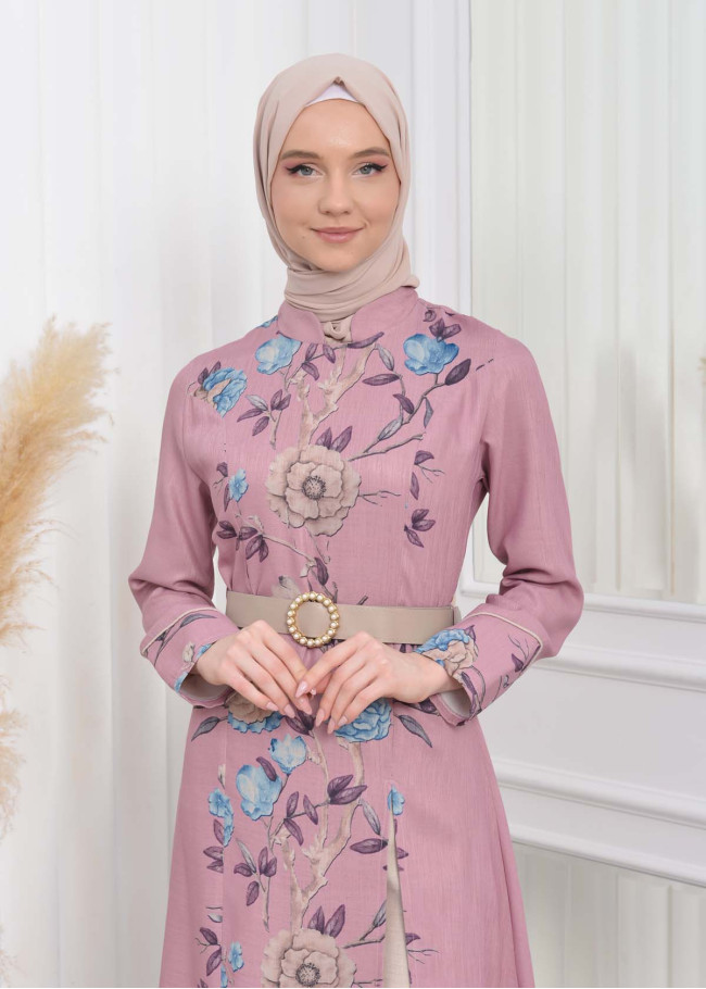 طقم نسائي للمحجبات قطعتين فستان و بنطلون مع حزام 1783 Pembe
