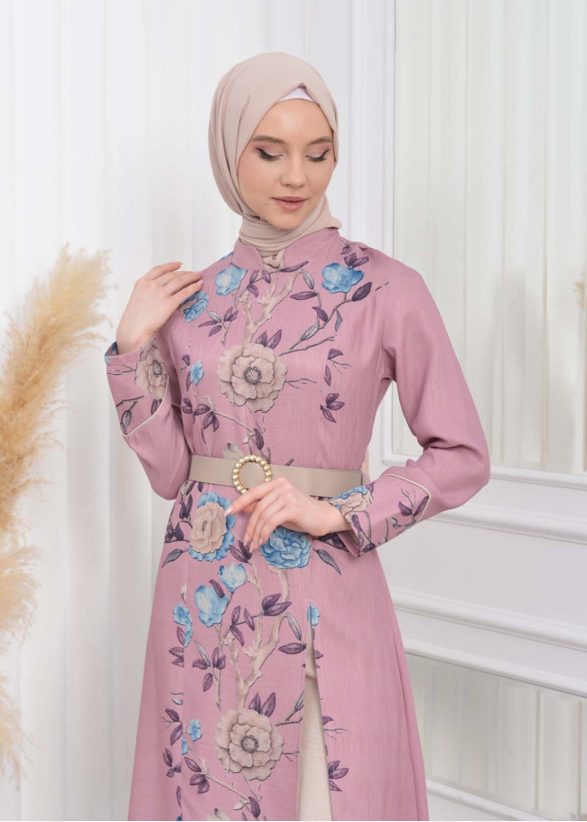 طقم نسائي للمحجبات قطعتين فستان و بنطلون مع حزام 1783 Pembe