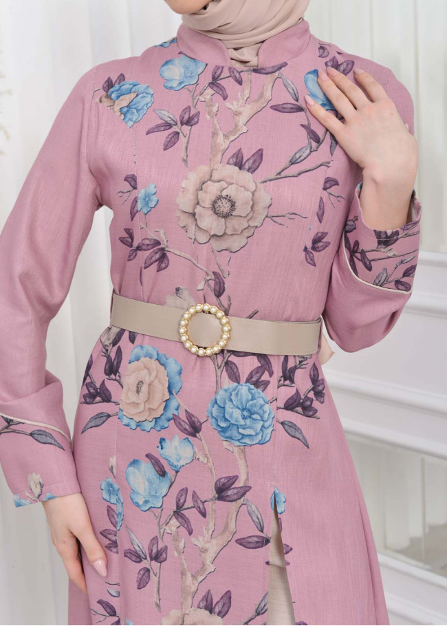 طقم نسائي للمحجبات قطعتين فستان و بنطلون مع حزام 1783 Pembe