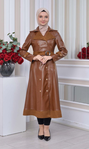 1334 ترانشكوت نسائي جلد مع حزام - ترابي