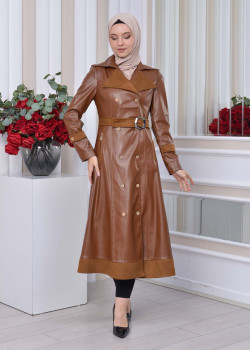 1334 ترانشكوت نسائي جلد مع حزام - ترابي