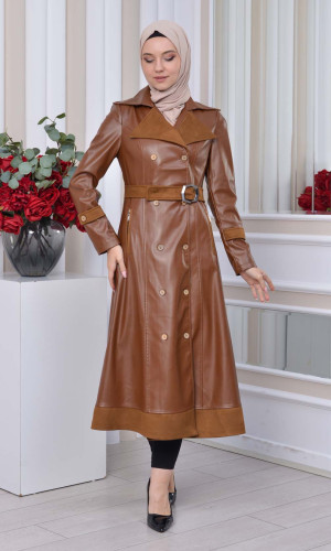 1334 ترانشكوت نسائي جلد مع حزام - ترابي