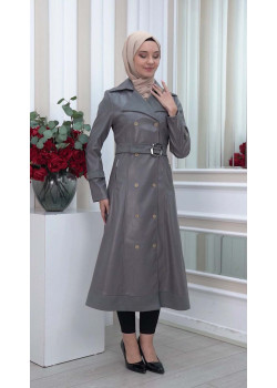 1334 ترانشكوت نسائي جلد مع حزام - رصاصي