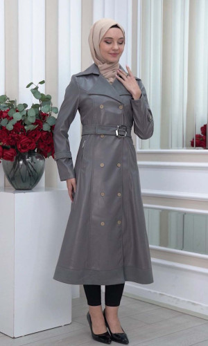 1334 ترانشكوت نسائي جلد مع حزام - رصاصي