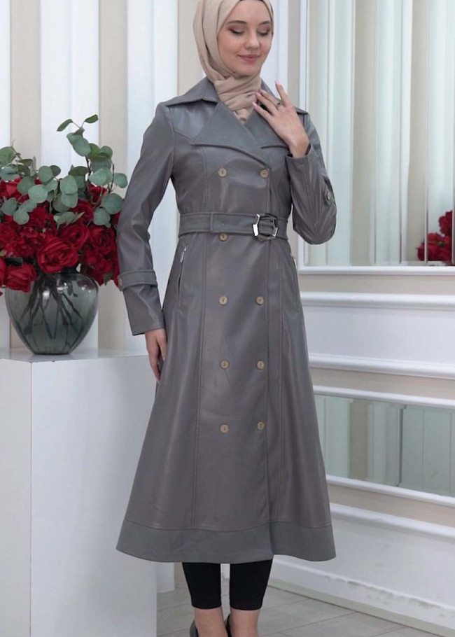 Belted Buttons Leather Trench Coat 1334 Koyu gri