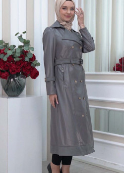 1334 ترانشكوت نسائي جلد مع حزام - رصاصي